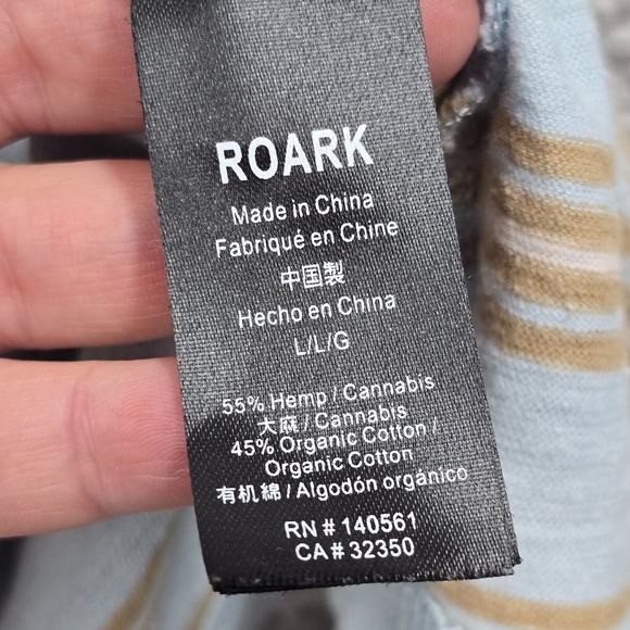 Roark Shirt Mens Large‎ Blue Brown Striped Short Sleeve Pullover Hemp Cotton - Picture 6 of 11